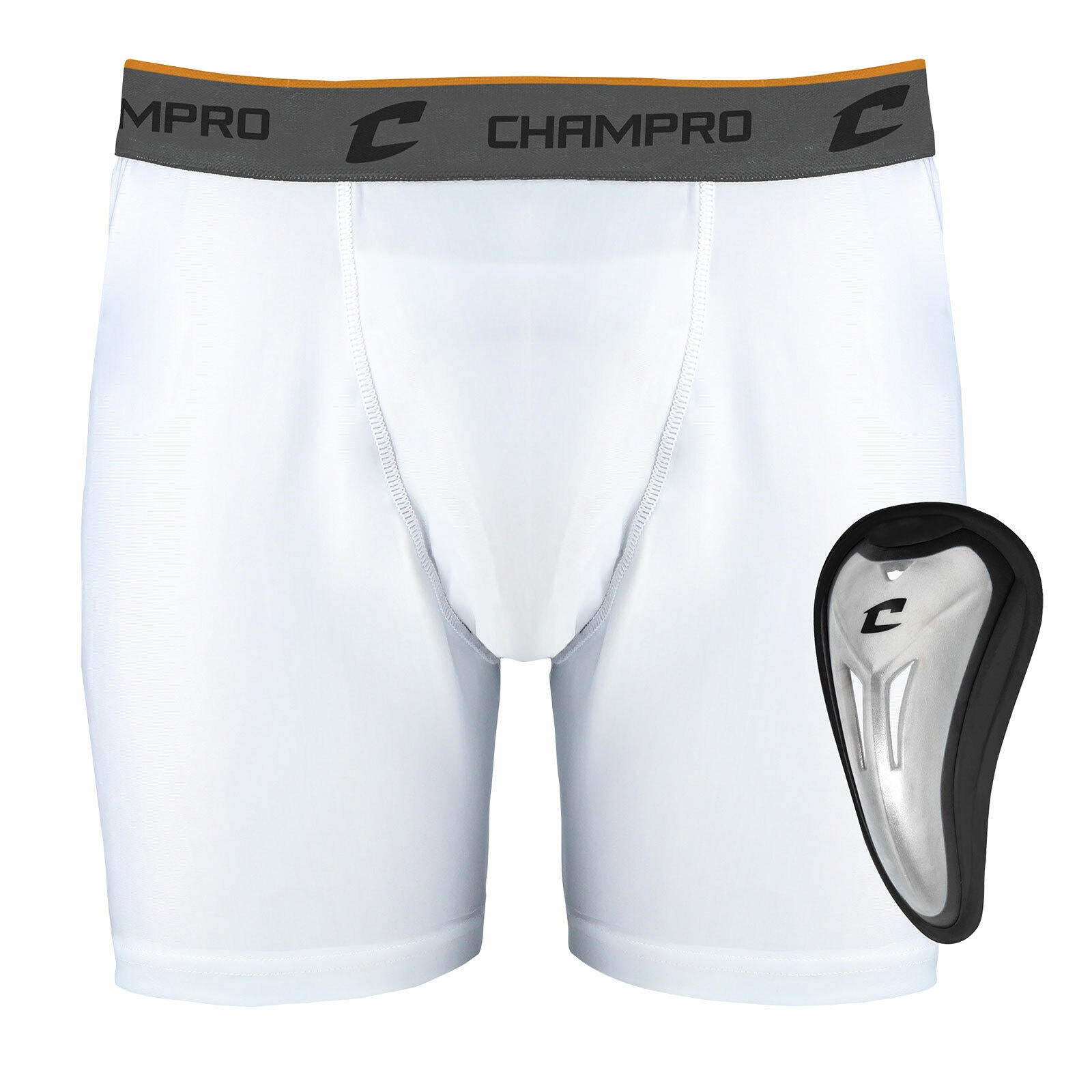 Champro compression shorts with protective cup in white color, designed for athletic support.