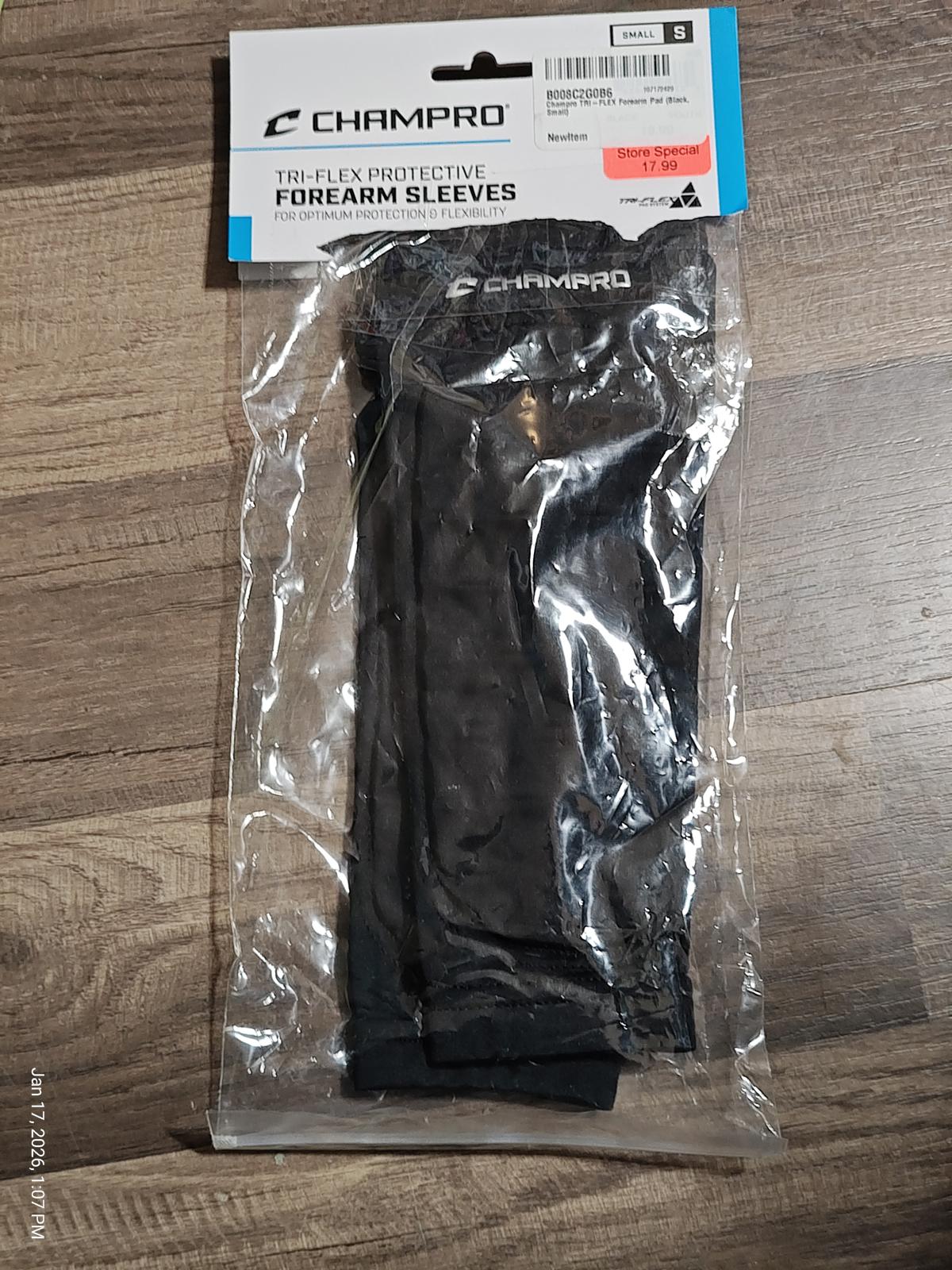 Champro Tbi-Flex protective forearm sleeves in black packaging.