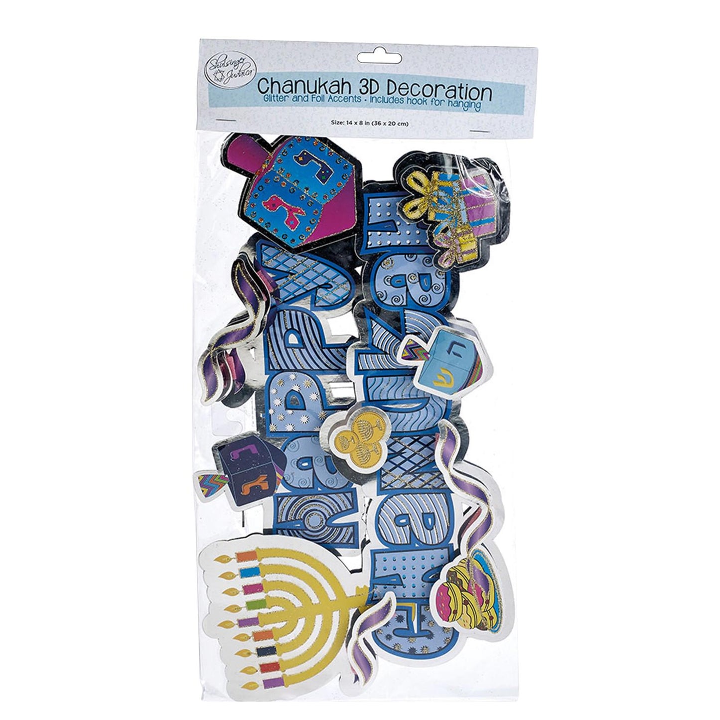 Chanukah 3D decoration set featuring colorful dreidels and menorahs for festive celebrations.