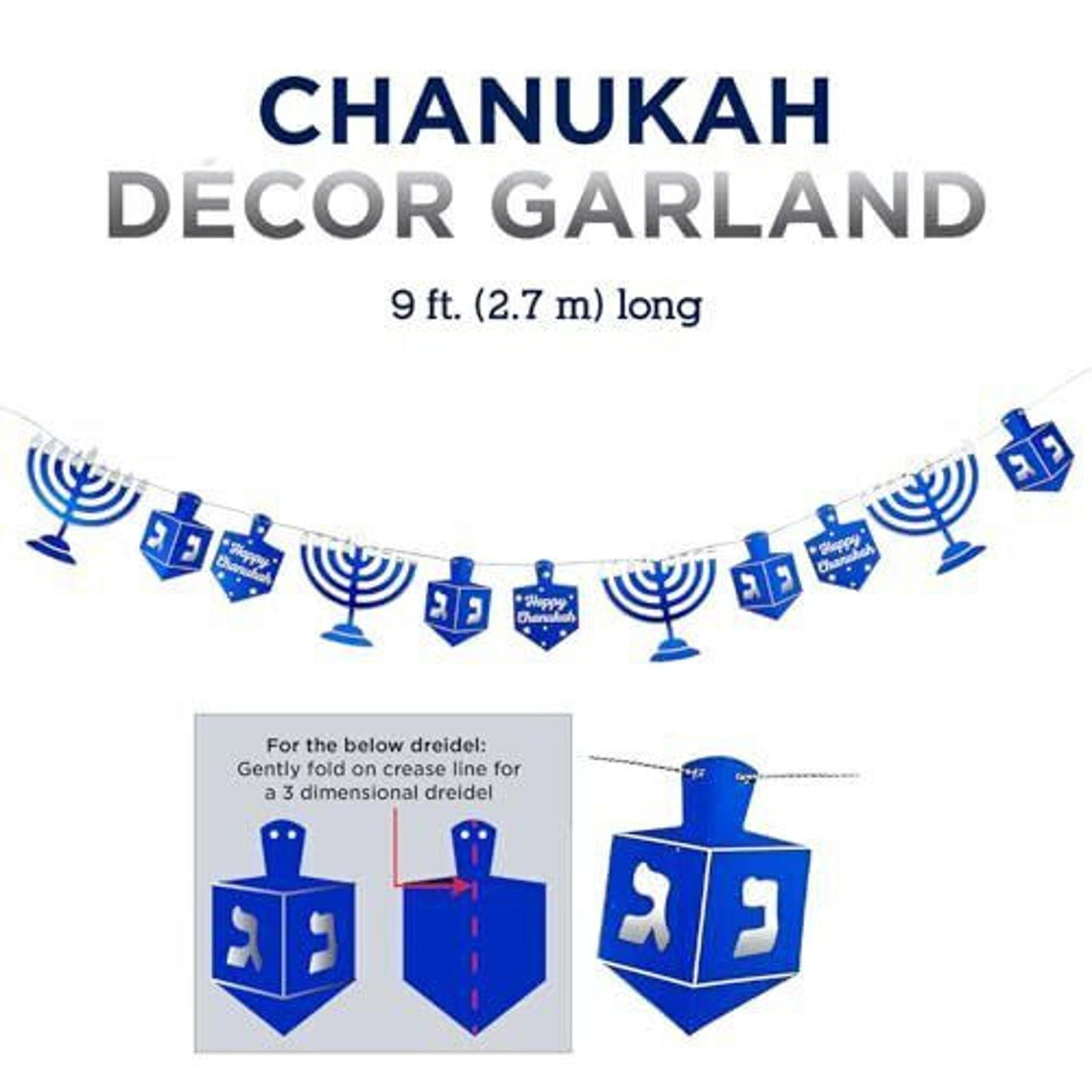 Chanukah décor garland featuring blue dreidels and menorahs, 9 ft long.