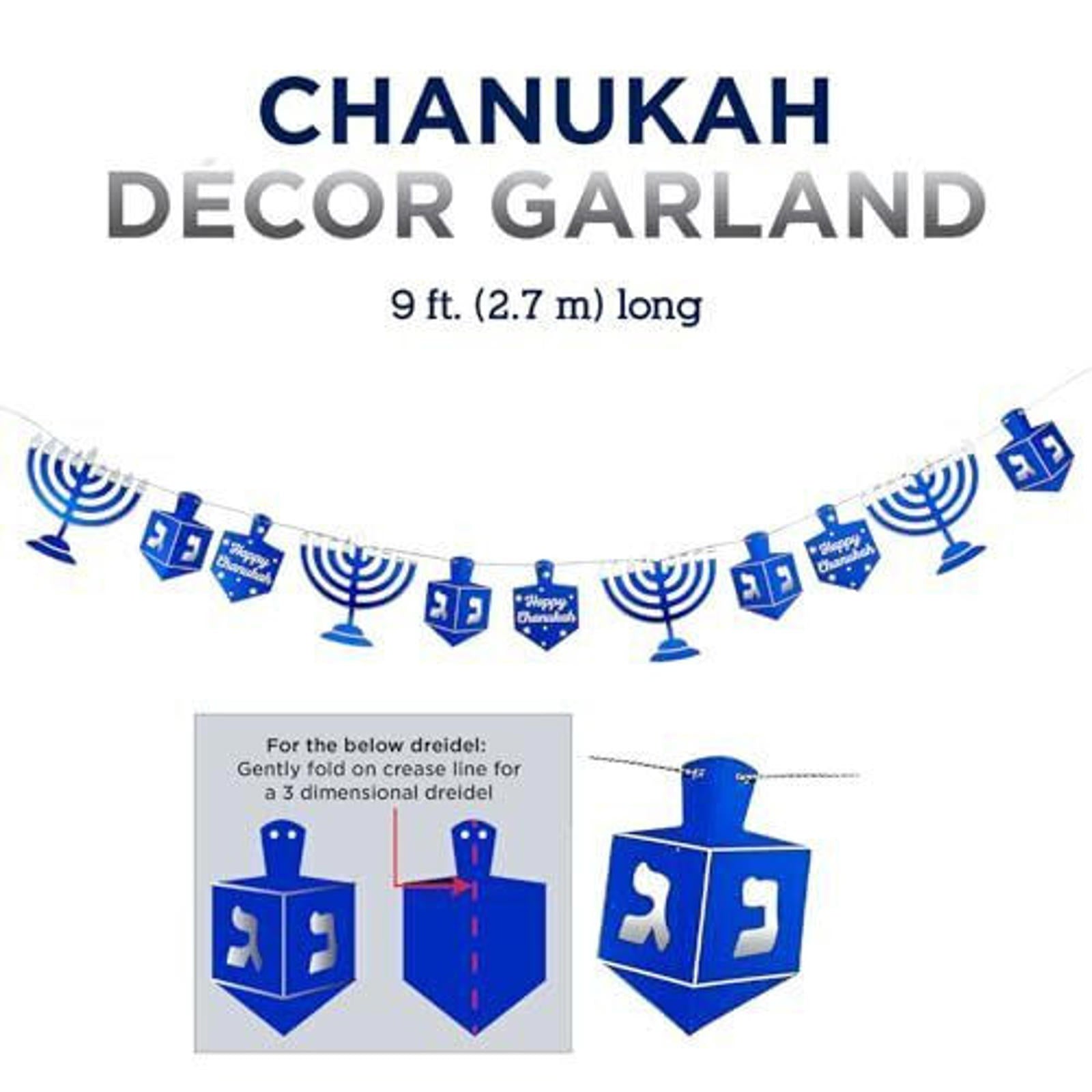 Chanukah décor garland featuring blue dreidels and menorahs, 9 ft long.