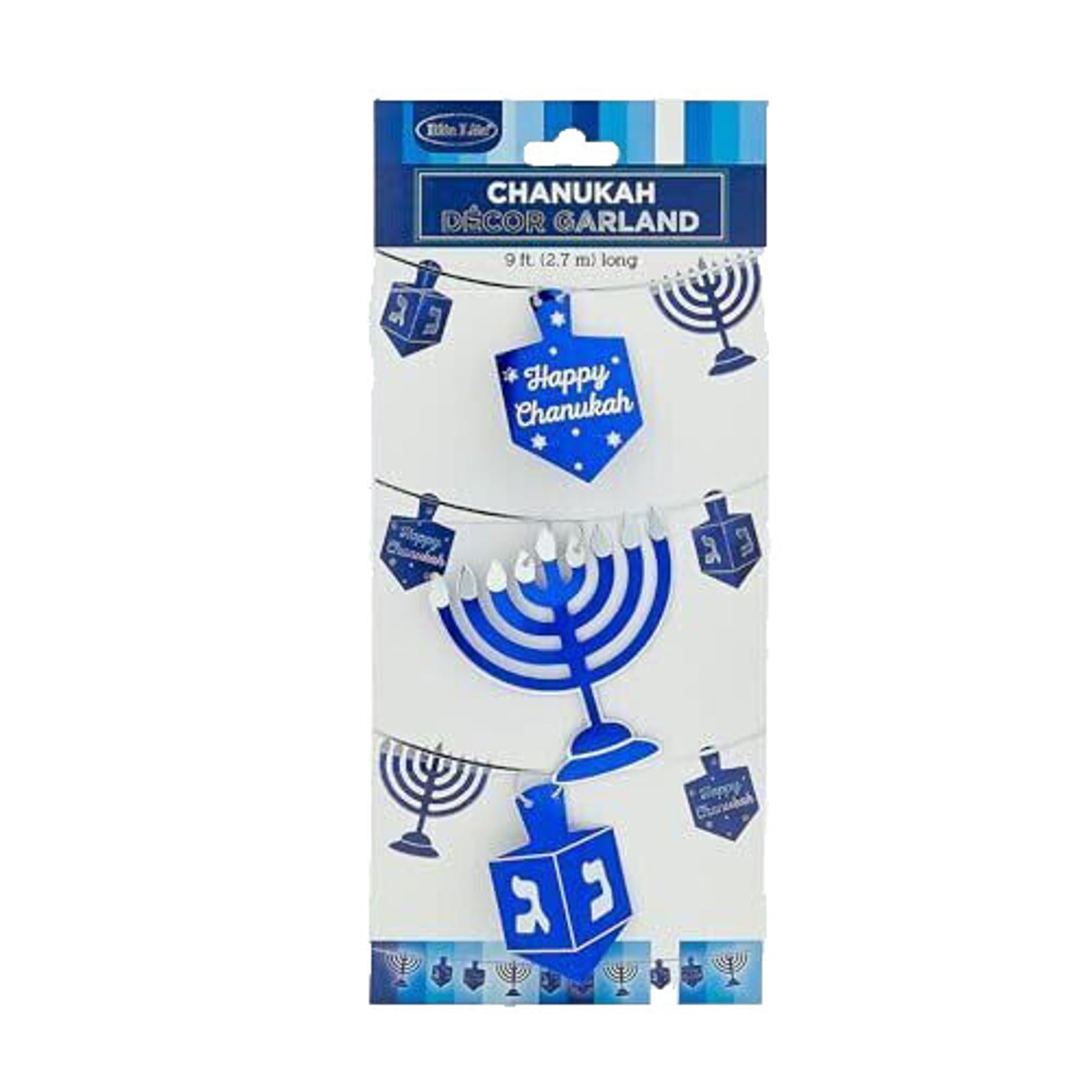Chanukah decorative garland featuring blue dreidels and menorahs for festive celebrations.