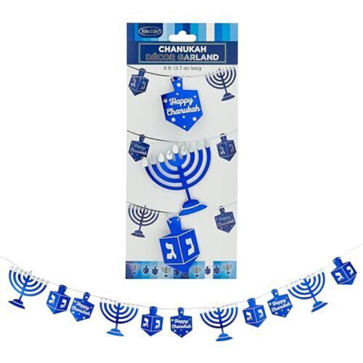Chanukah decorative garland featuring blue menorahs and dreidels for festive celebrations.