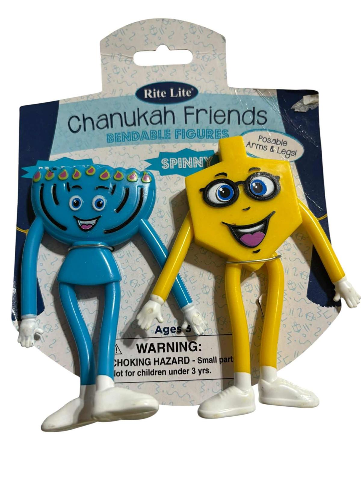 Chanukah Friends bendable figures featuring a blue menorah and a yellow dreidel with smiling faces.