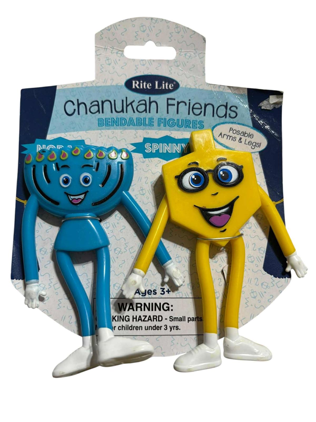 Chanukah Friends figures set featuring a blue menorah and a yellow dreidel with smiling faces.