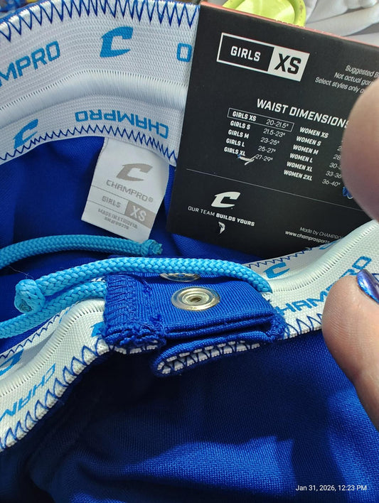 Charmpro girls XS shorts with waist dimensions tag and blue color.