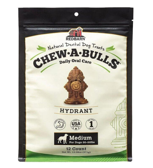 Chew-A-Bulls hydrant dental dog treats for daily oral care, medium size, 12 count.