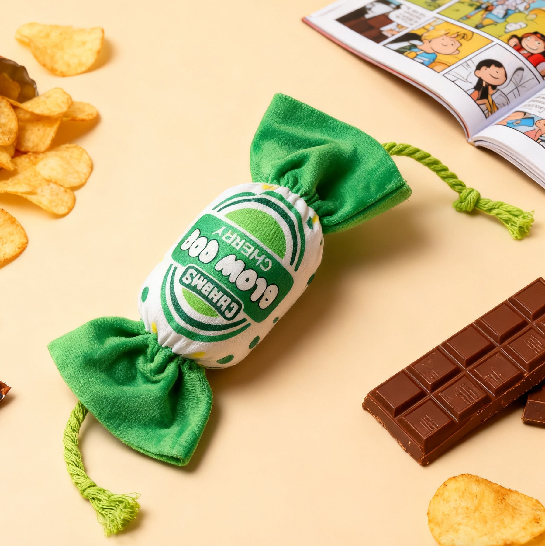 Chewy Bow Dog Toy in green and white, resembling a candy wrapper, perfect for playful pets.
