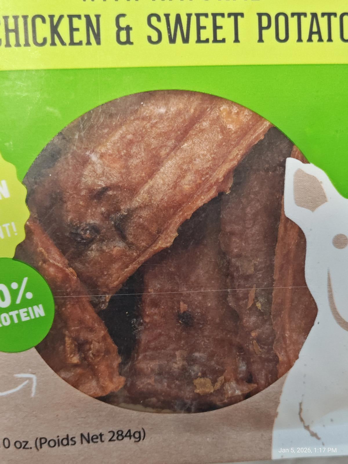 Chicken and Sweet Potato dog treats with 70% protein, featuring a chewy texture.