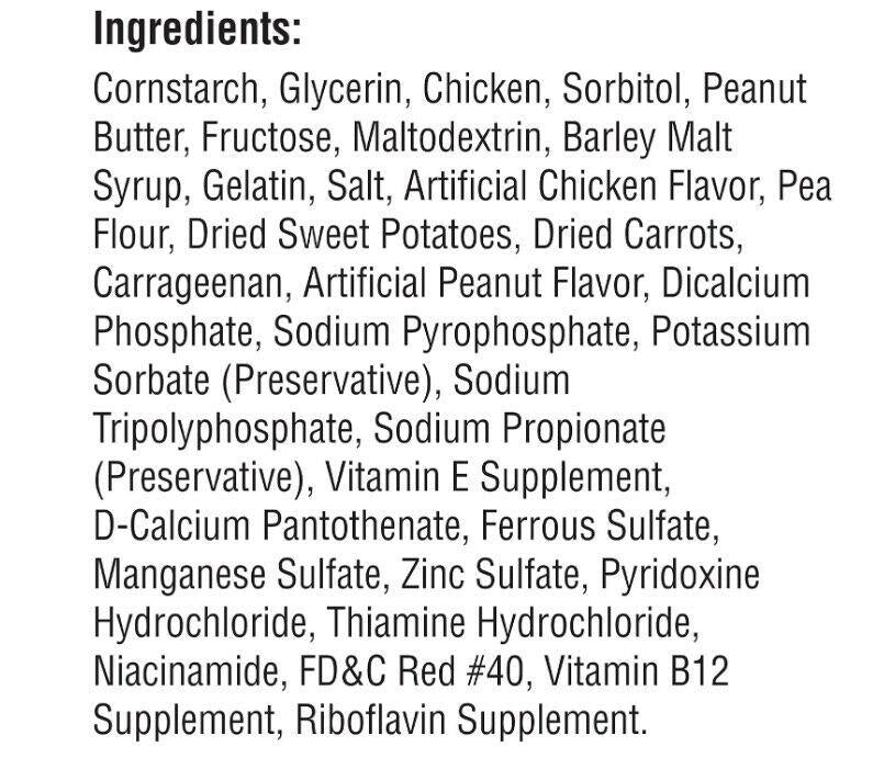Chicken flavor dog supplement with various ingredients including peanut butter and vitamins.