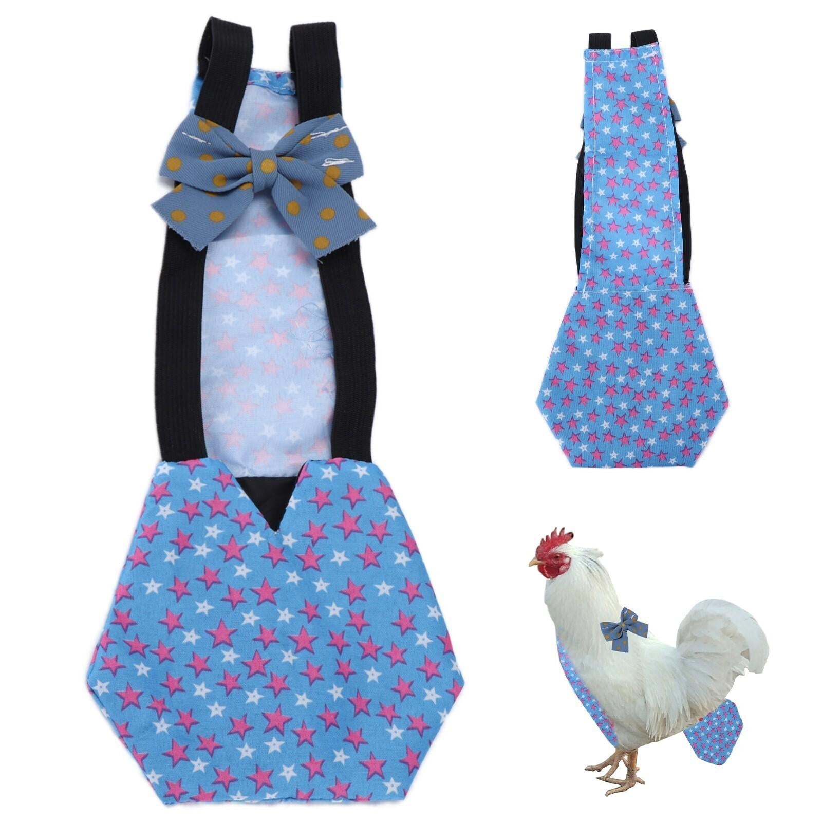 Chicken apron with blue and pink star pattern, featuring a bow tie design.