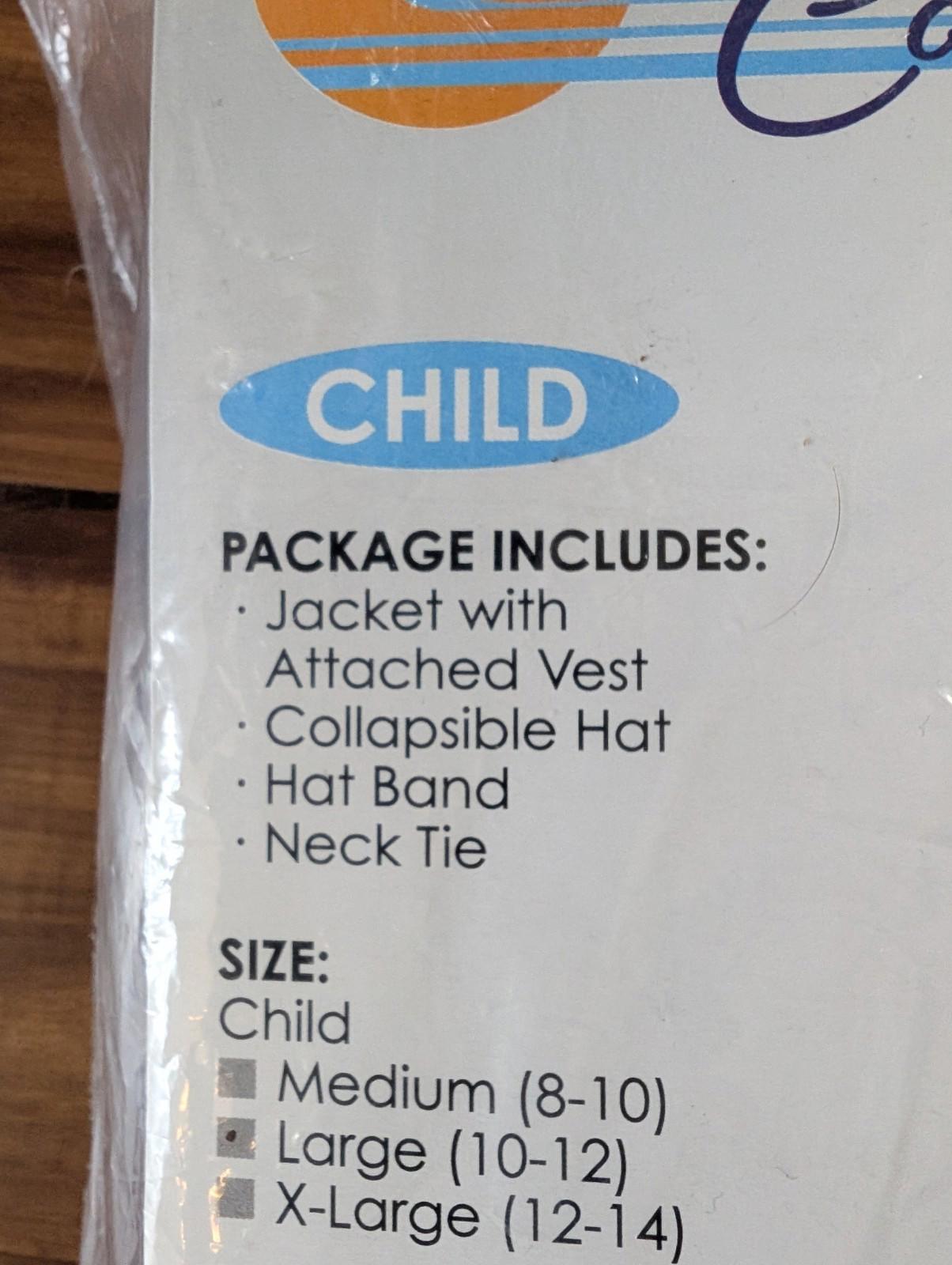 Child costume package includes jacket with attached vest, collapsible hat, hat band, and neck tie.