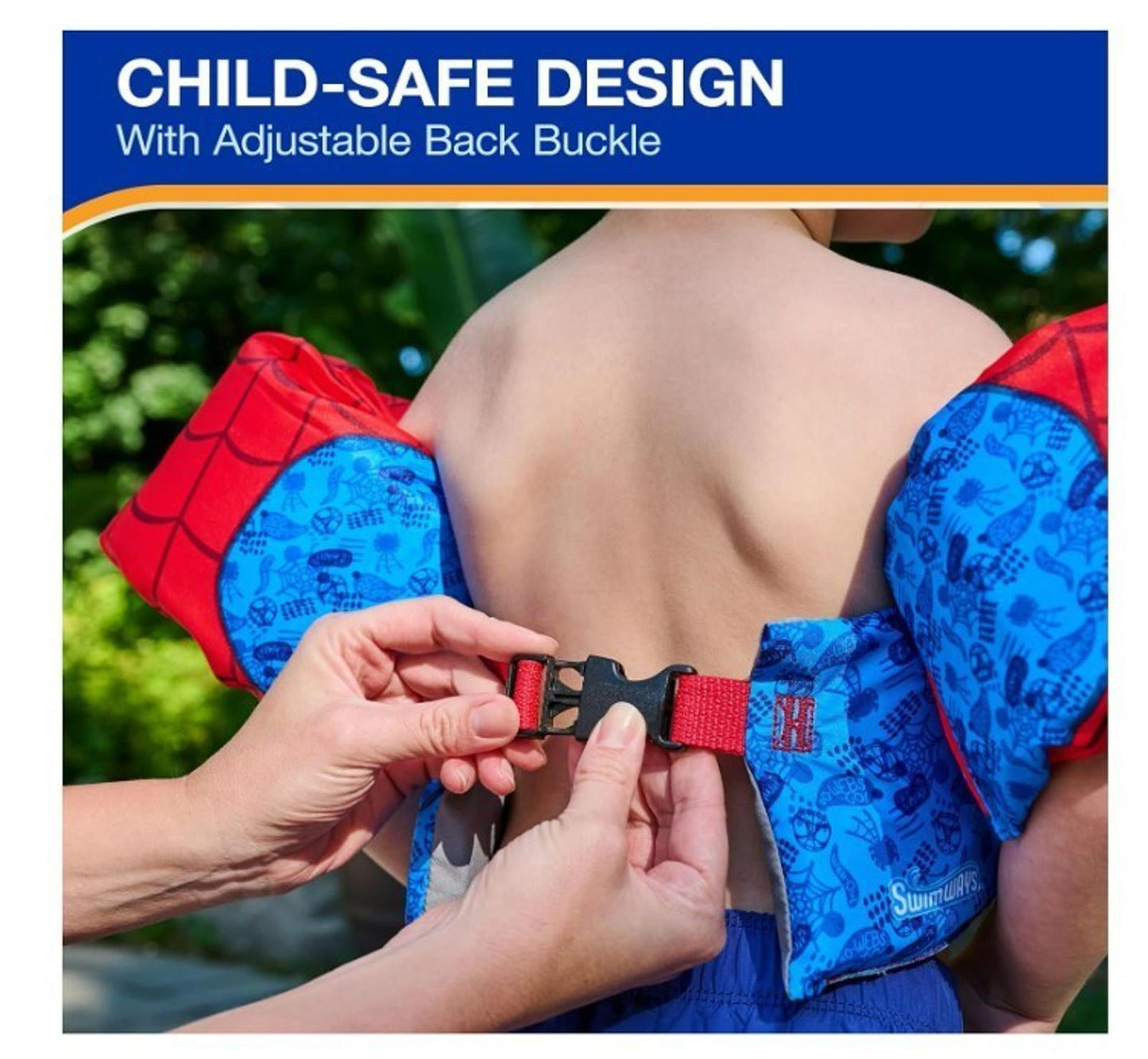 Child-safe design with adjustable back buckle for Spiderman floaties, ensuring secure fit.