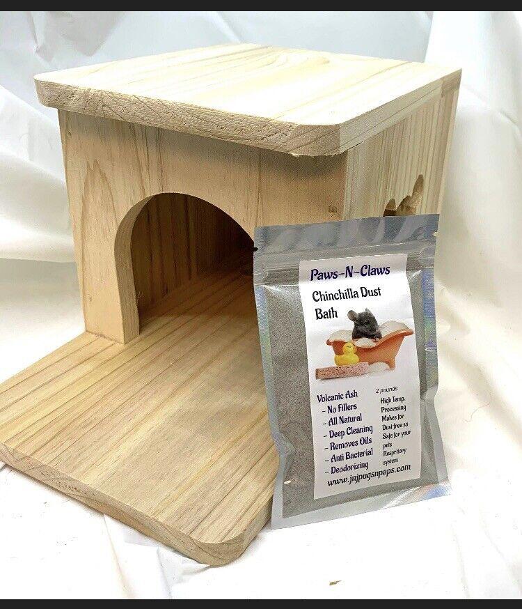 Chinchilla Dust Bath with wooden house for chinchillas, featuring a natural wood finish.
