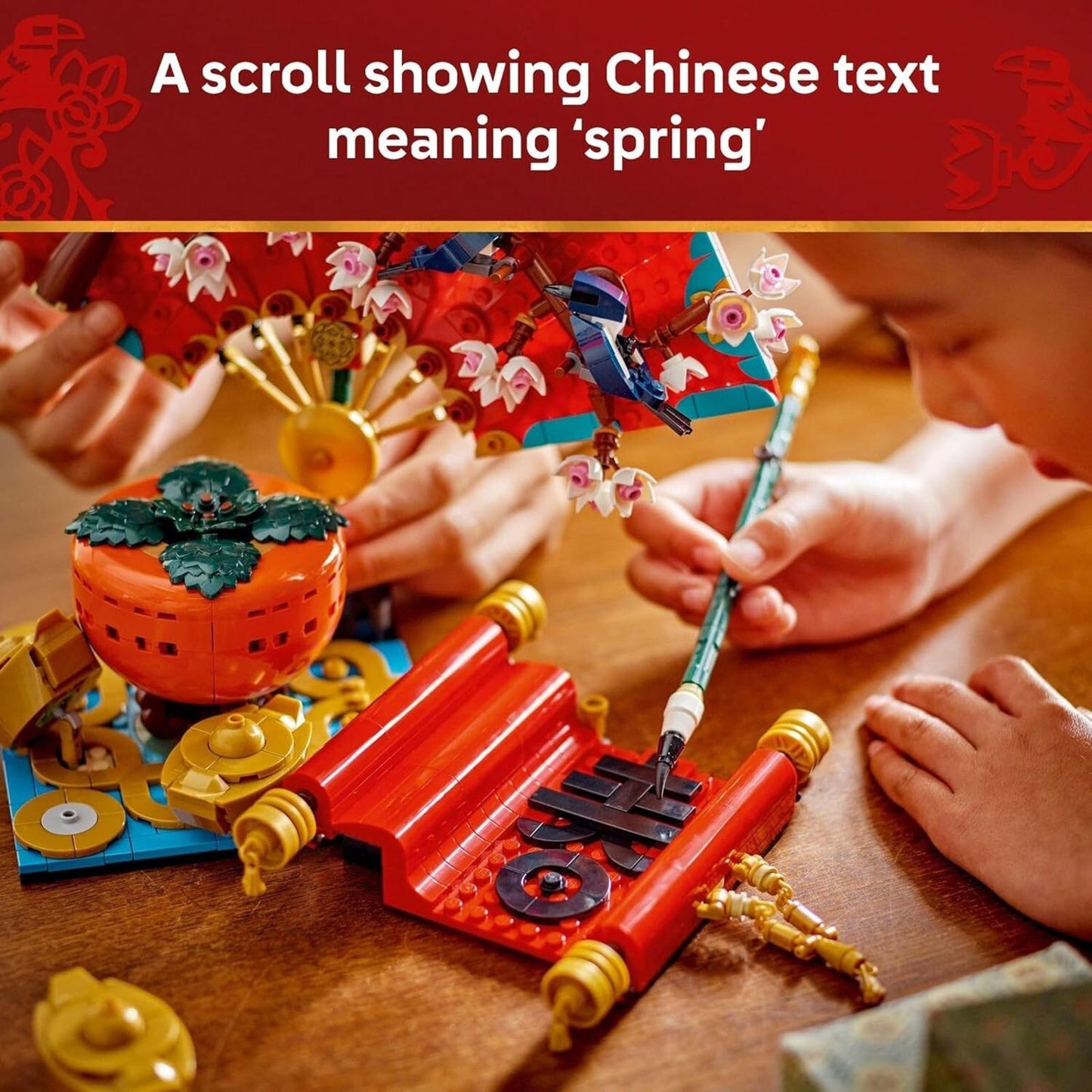 Chinese Spring Scroll featuring vibrant colors and intricate details, with a child painting.