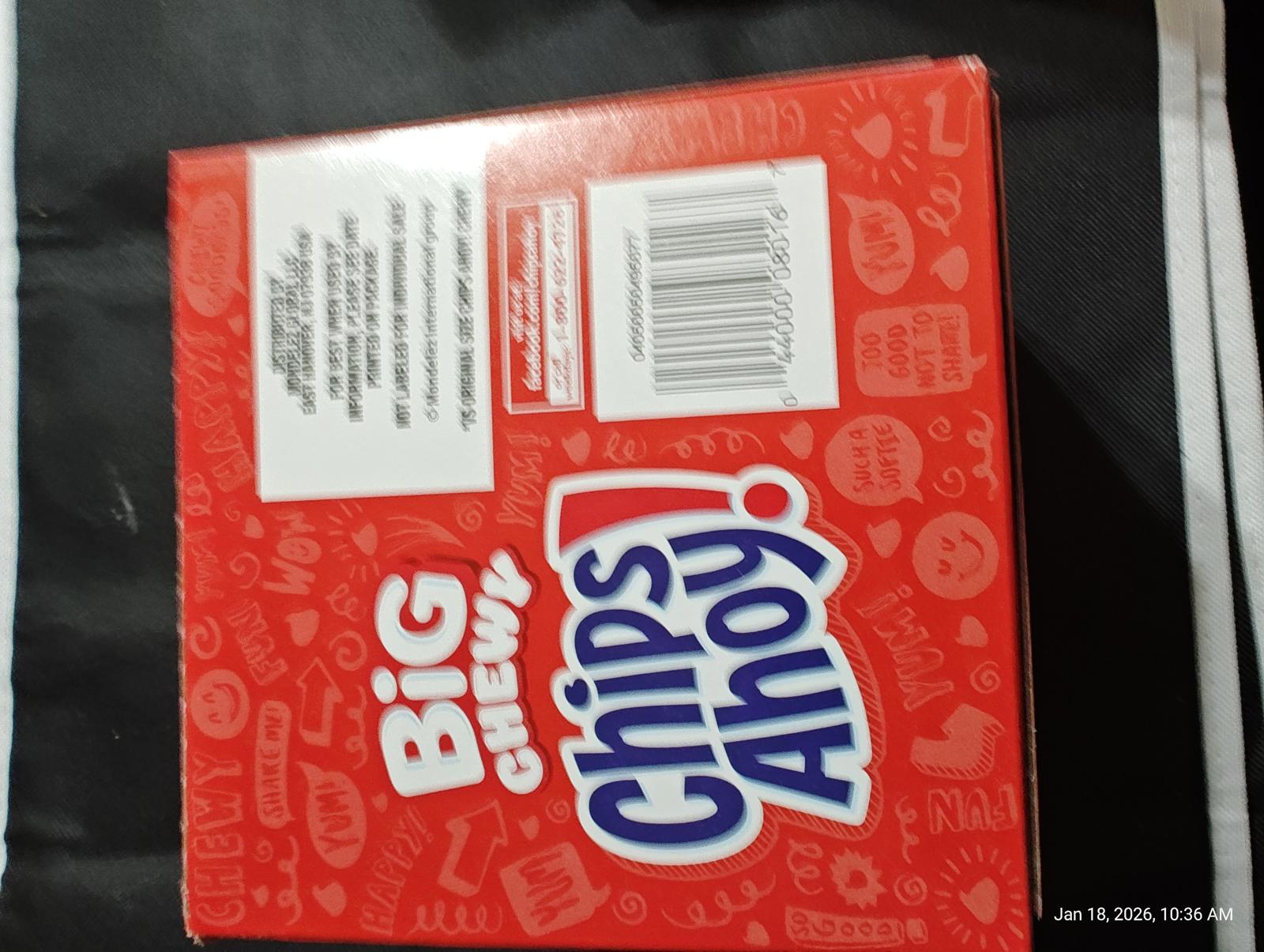 Big Chewy Chips Ahoy! cookie box featuring a vibrant red design and playful graphics.