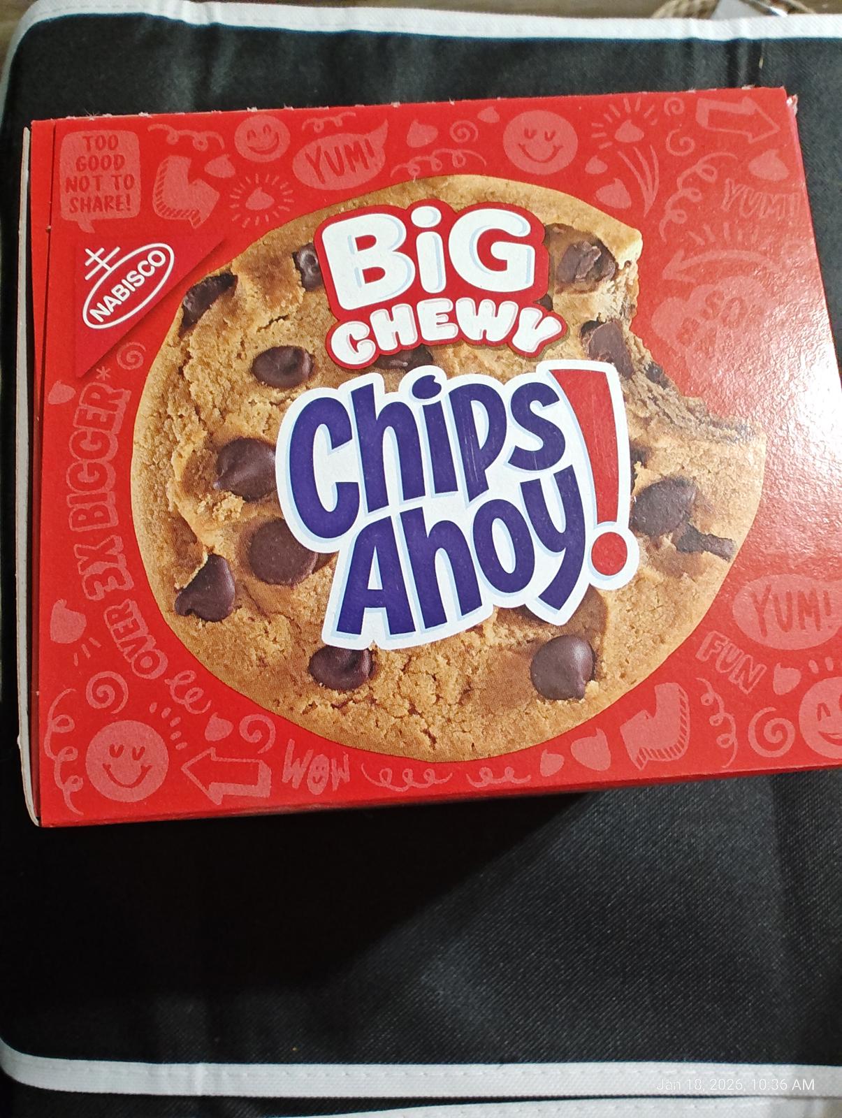 Chips Ahoy! Big Chewy cookies in a red package with chocolate chips.