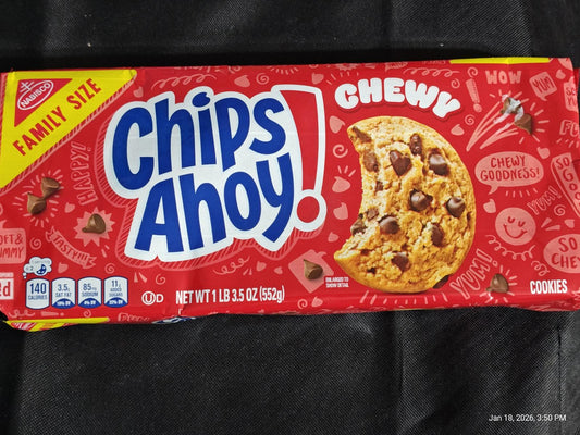Chips Ahoy! chewy cookies in a family size package with chocolate chips.