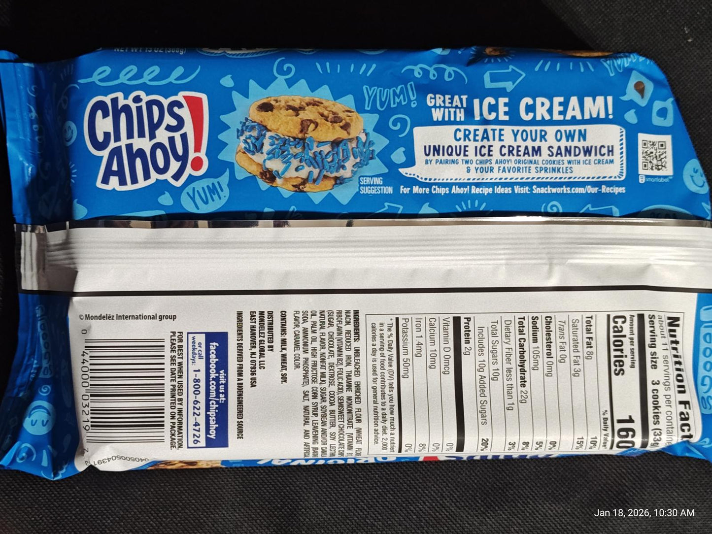 Chips Ahoy! cookie package featuring ice cream sandwich instructions and colorful design.
