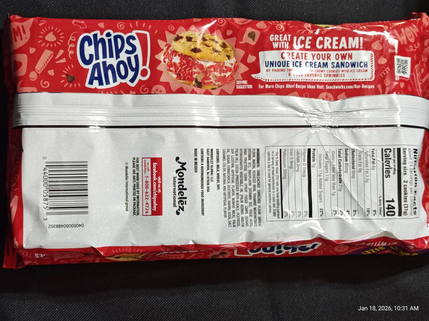 Chips Ahoy! ice cream sandwich package featuring colorful cookie graphics and nutritional information.