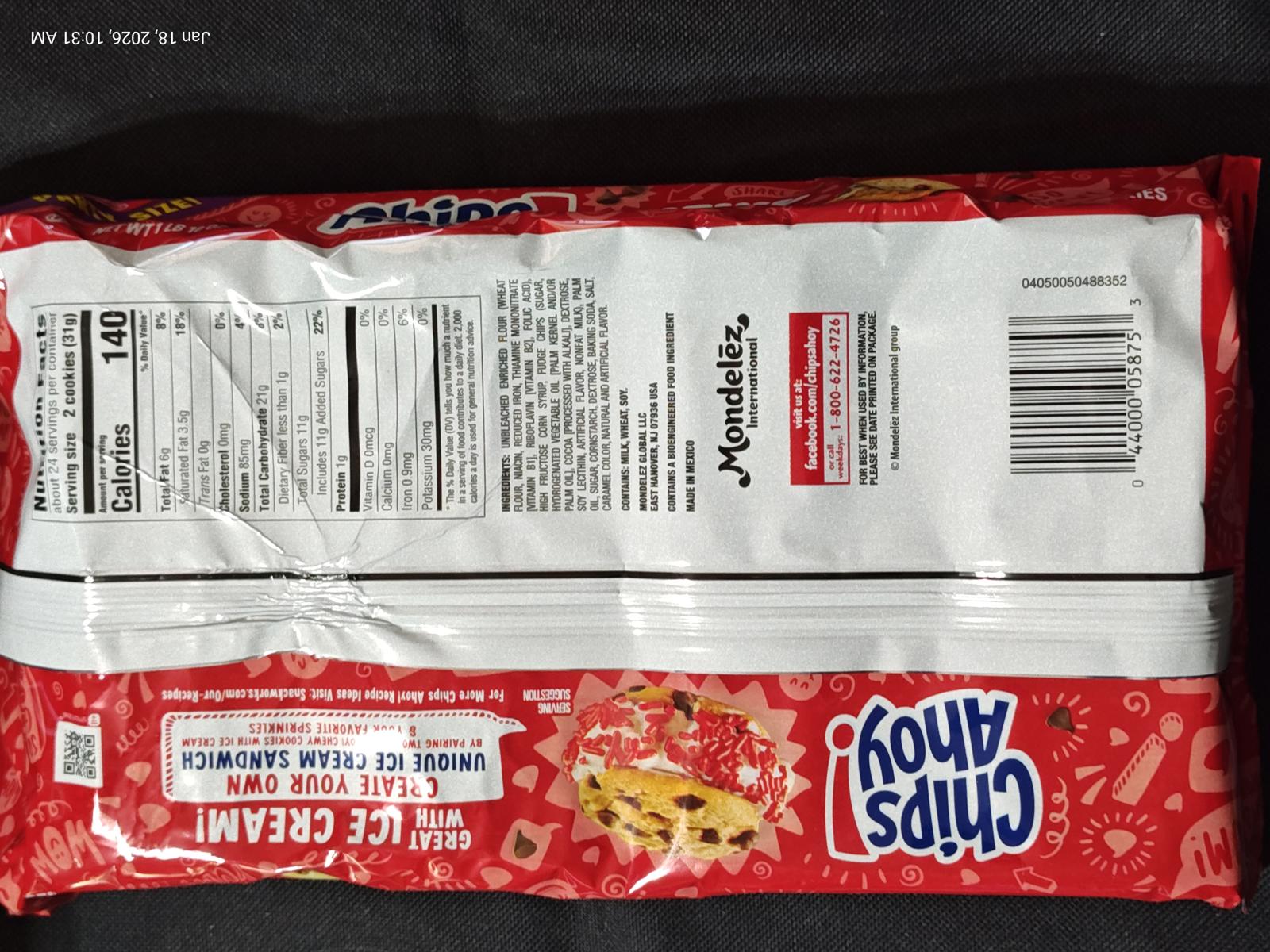Chips Ahoy! ice cream sandwich package featuring colorful cookie graphics and nutritional information.