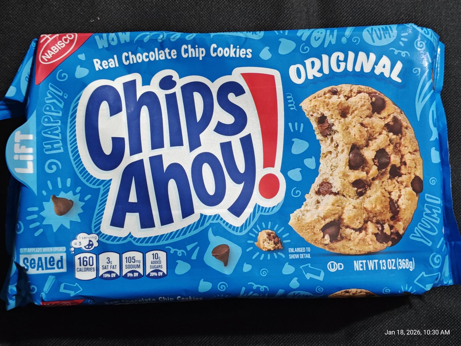 Chips Ahoy! original chocolate chip cookies package featuring a cookie with a bite taken out.