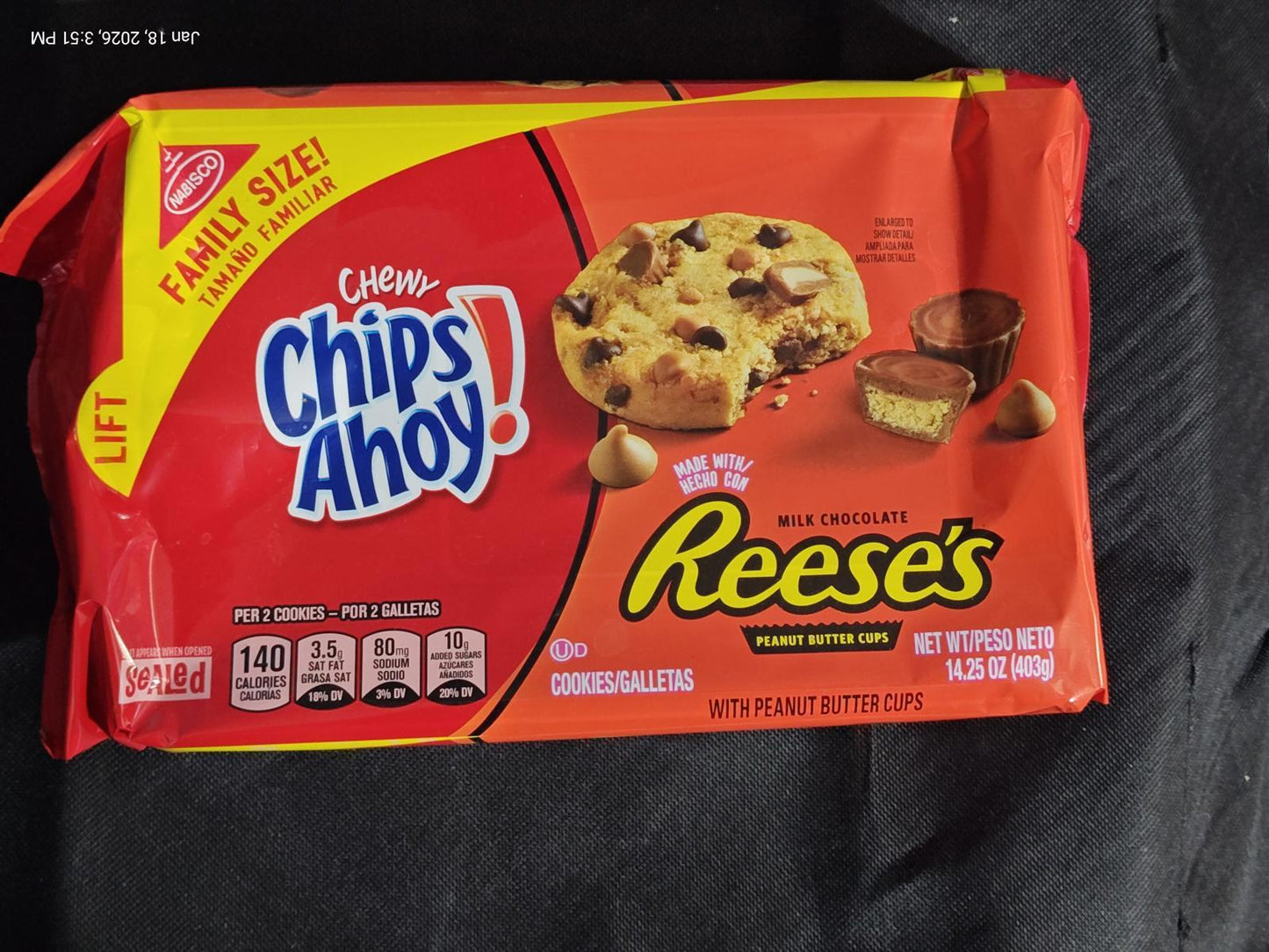 Chips Ahoy! Reese's cookies in a family-sized package featuring chocolate chips and peanut butter cups.