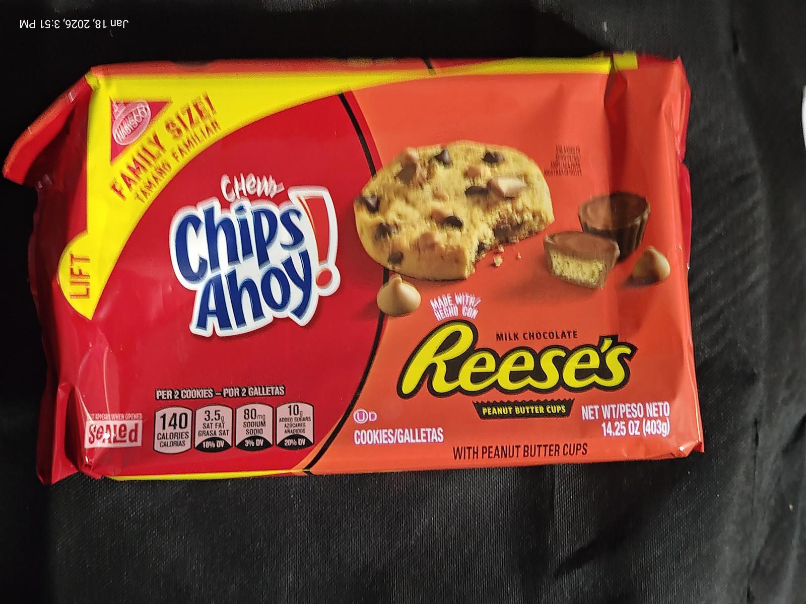 Chips Ahoy! Reese's cookies featuring chocolate chips and peanut butter cups.