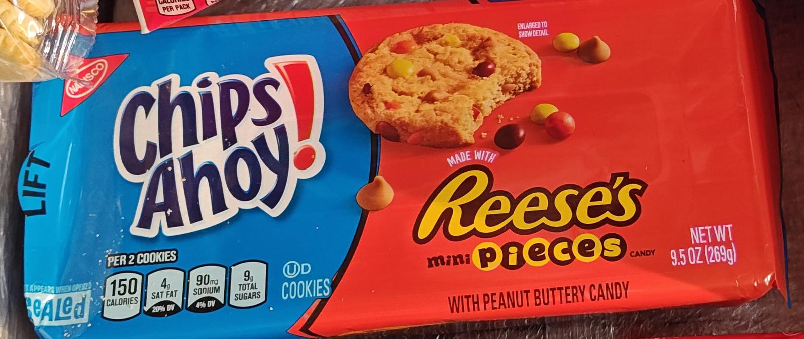 Chips Ahoy! Reese's Pieces cookies in a blue and red package with cookie and candy visuals.
