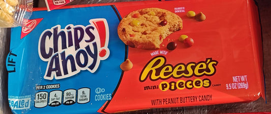 Chips Ahoy! Reese's Pieces cookies in a blue and red package with cookie and candy visuals.