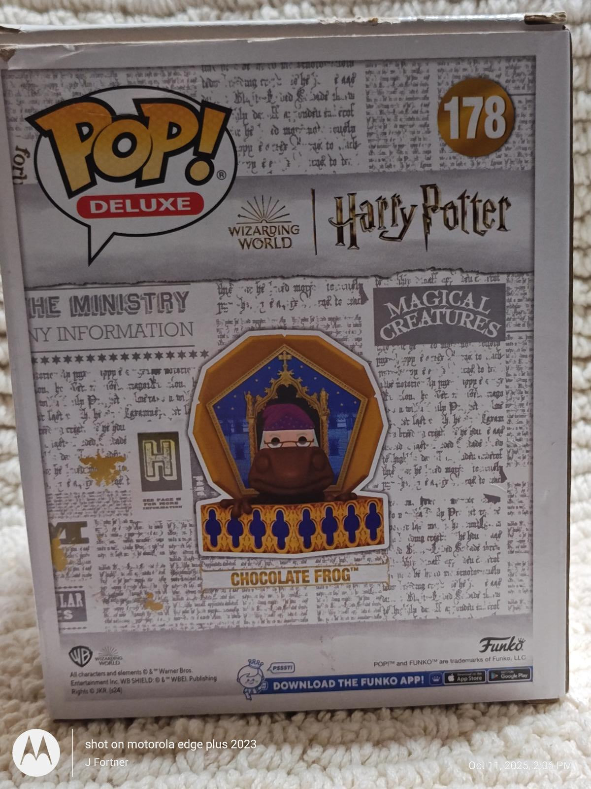 Harry Potter Chocolate Frog Pop! Deluxe figure in a colorful box with magical creatures theme.