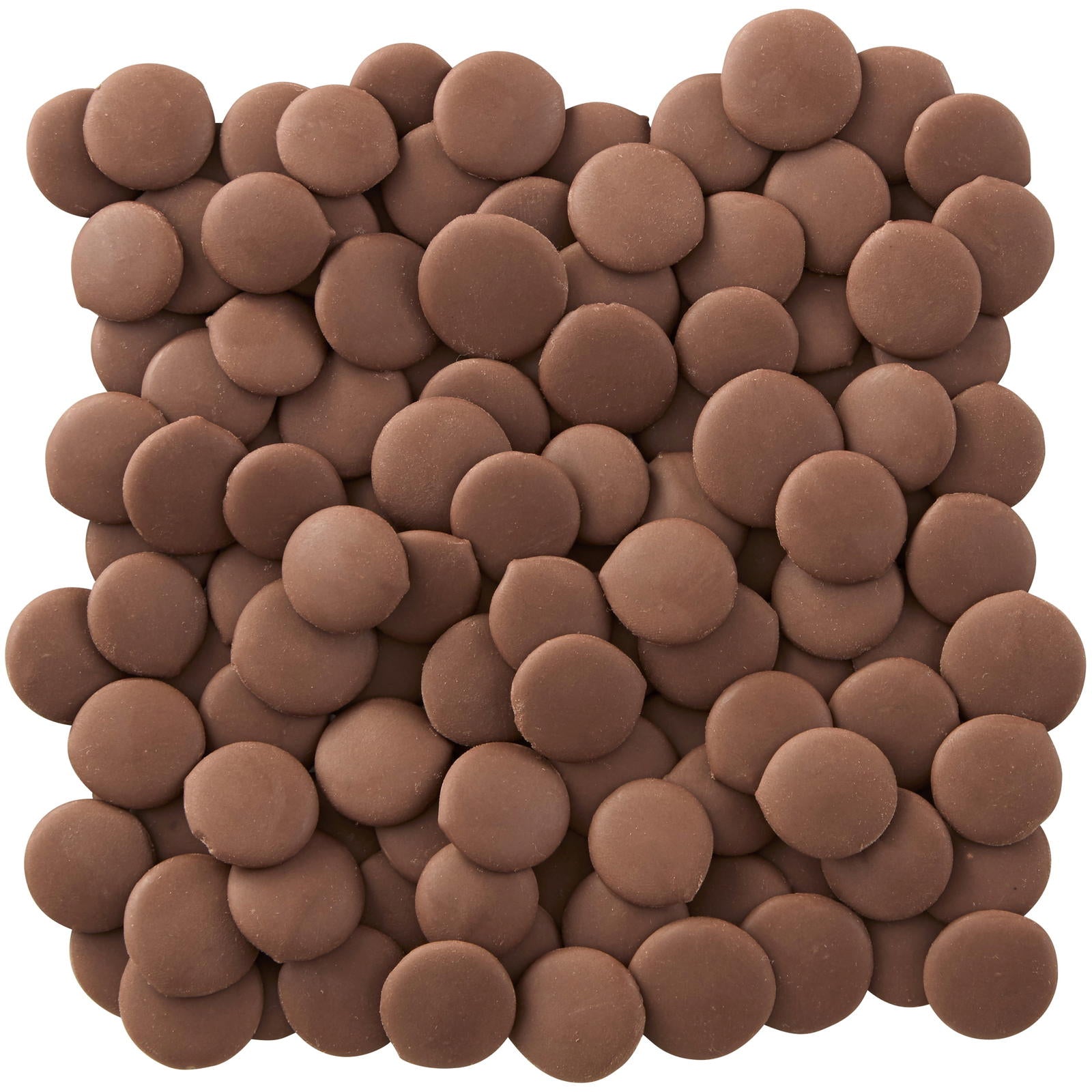 Chocolate-flavored candy drops in a pile, perfect for baking or snacking.