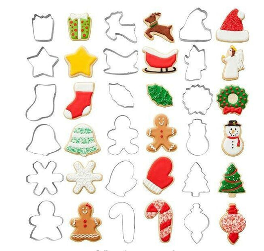Christmas Cookie Cutters Set featuring various festive shapes like Santa, reindeer, and snowman.