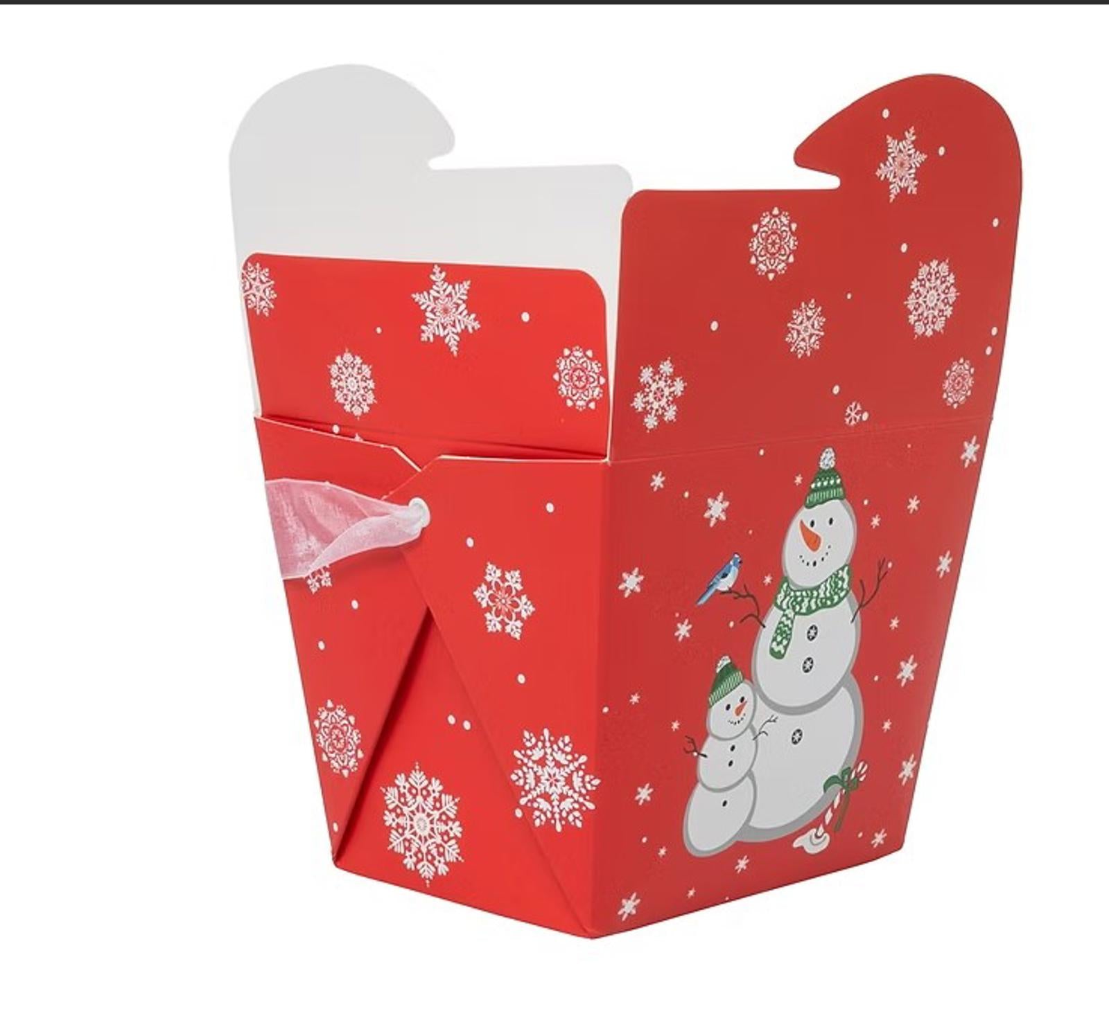 Christmas Snowman Takeout Box featuring festive red design with snowflakes and snowmen.
