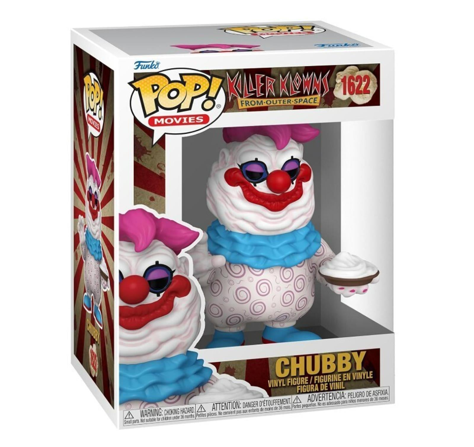 Chubby from Killer Klowns, a Funko Pop! figure with colorful clown features and a pie.