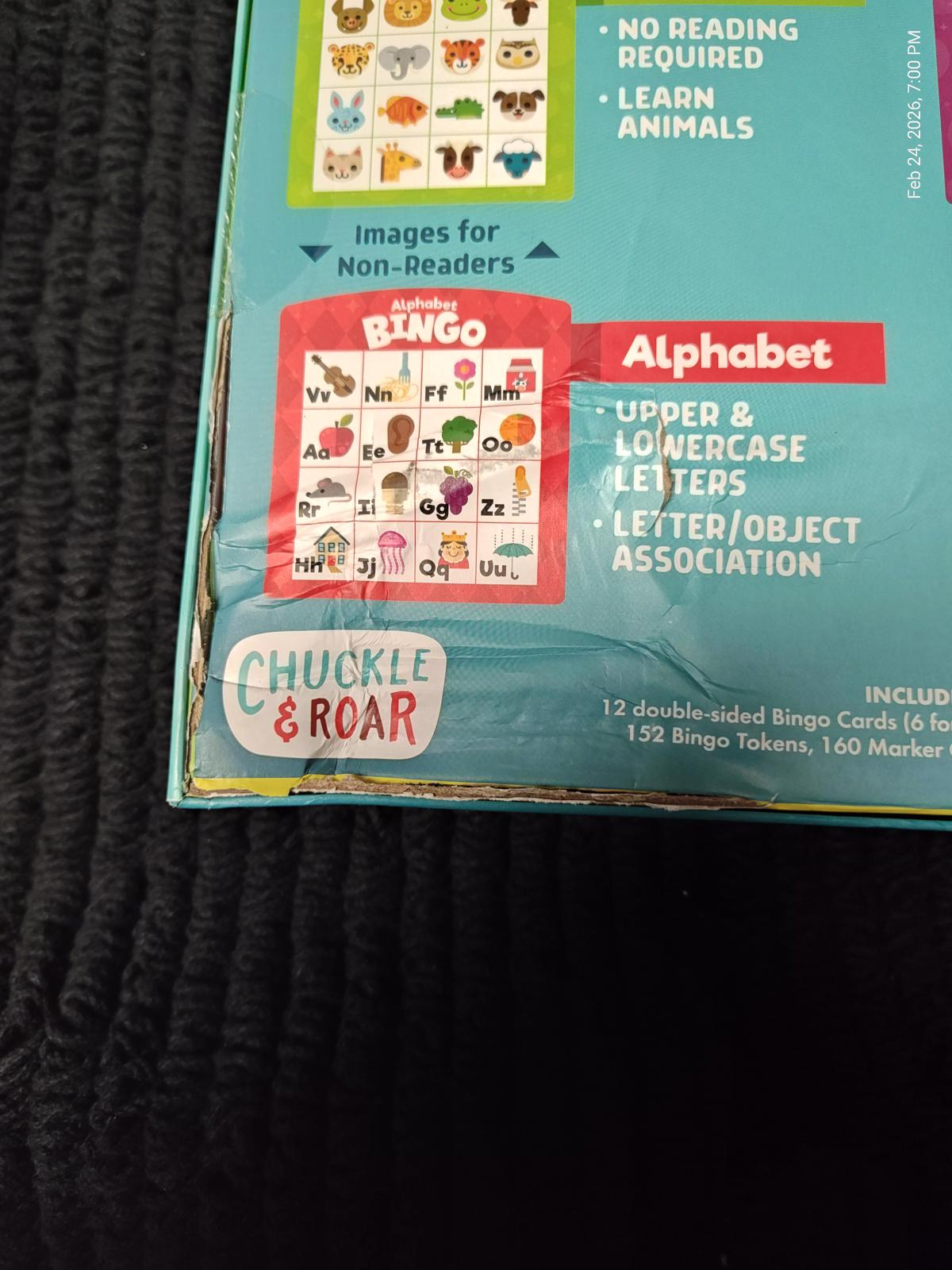 Chuckle & Roar Bingo game for non-readers featuring alphabet and object association.
