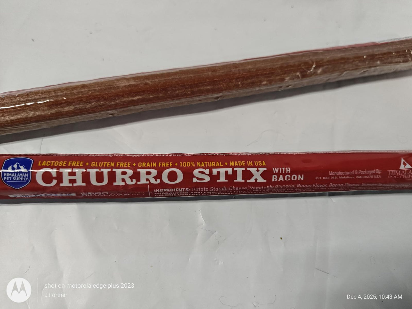 Churro Stix with bacon, featuring a red packaging and gluten-free label.