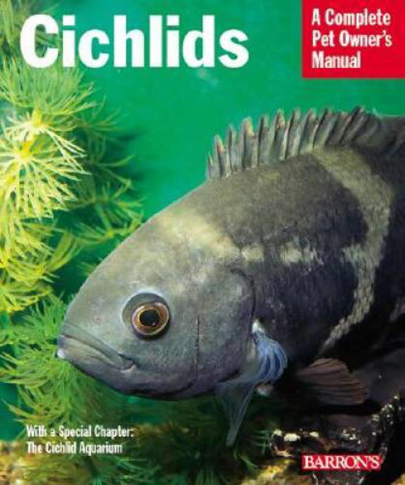 Cichlids book cover featuring a vibrant fish with detailed scales and aquatic plants.