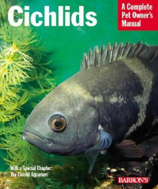 Cichlids book cover featuring a vibrant fish with detailed scales and aquatic plants.