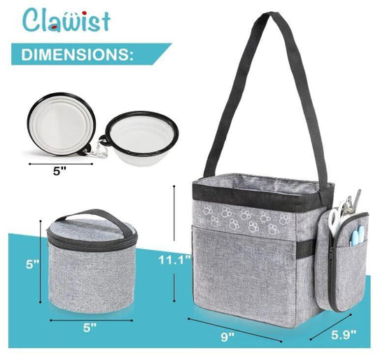 Clawist storage bag with dimensions, featuring a gray fabric design and multiple pockets.