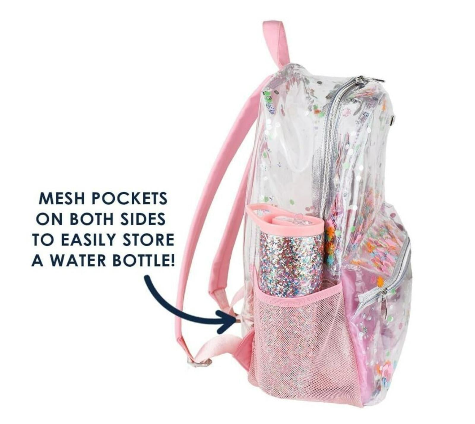 Clear backpack with mesh pockets on both sides for easy water bottle storage.
