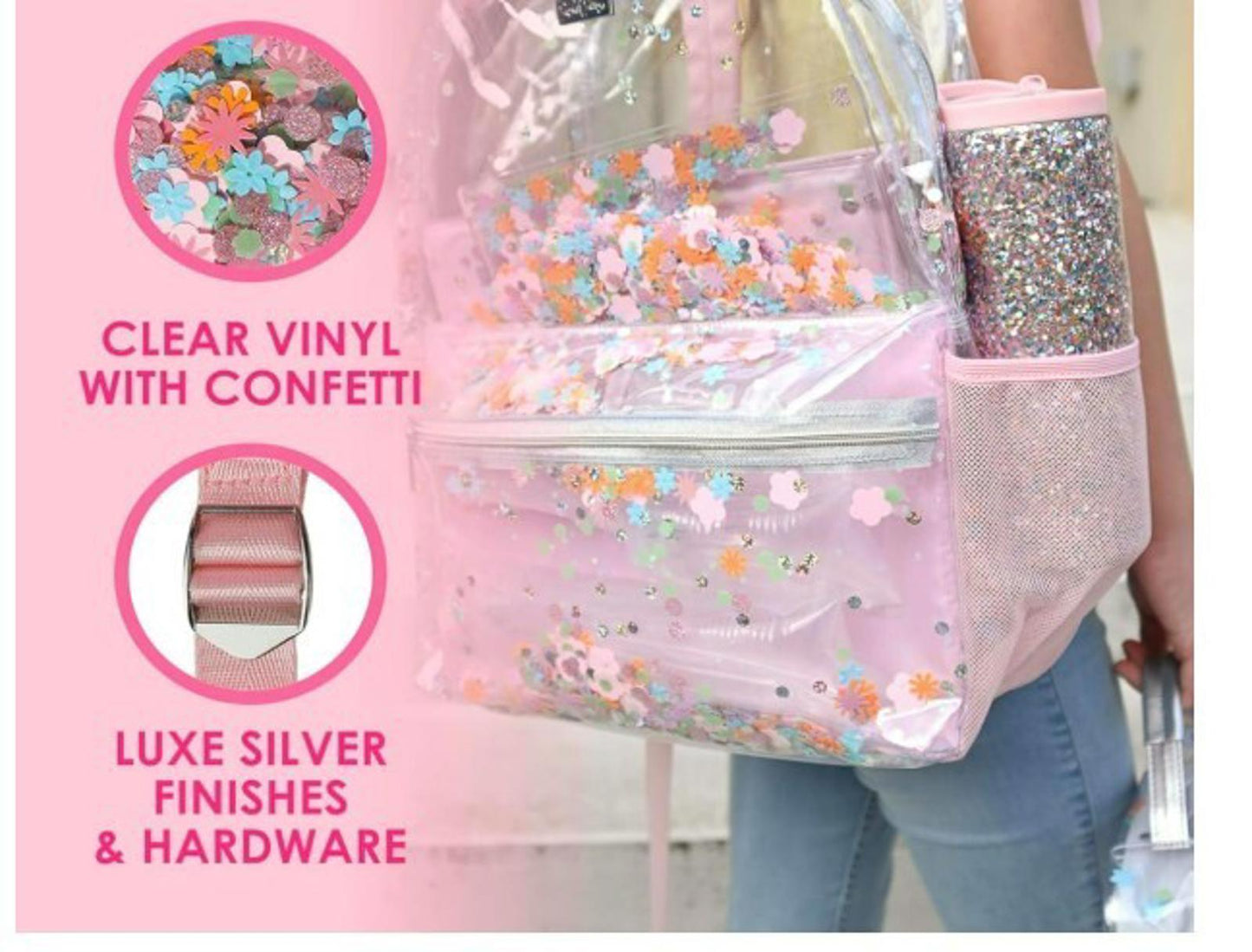 Clear Vinyl Confetti Backpack featuring luxe silver finishes and hardware.