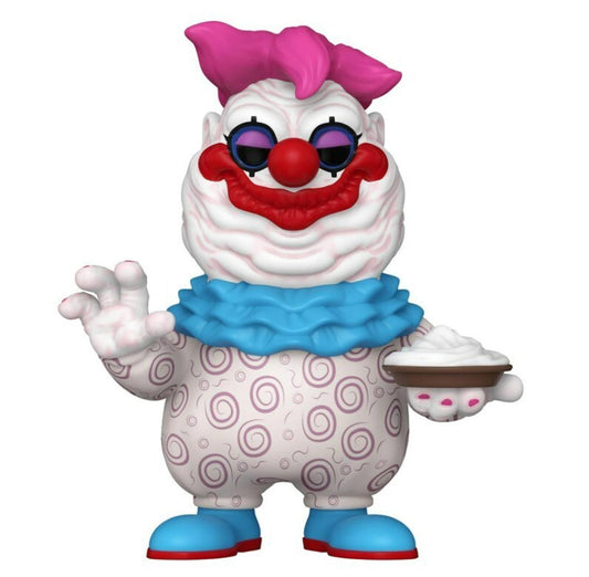 Clown figure with pink hair and blue collar holding a pie, perfect for collectors.