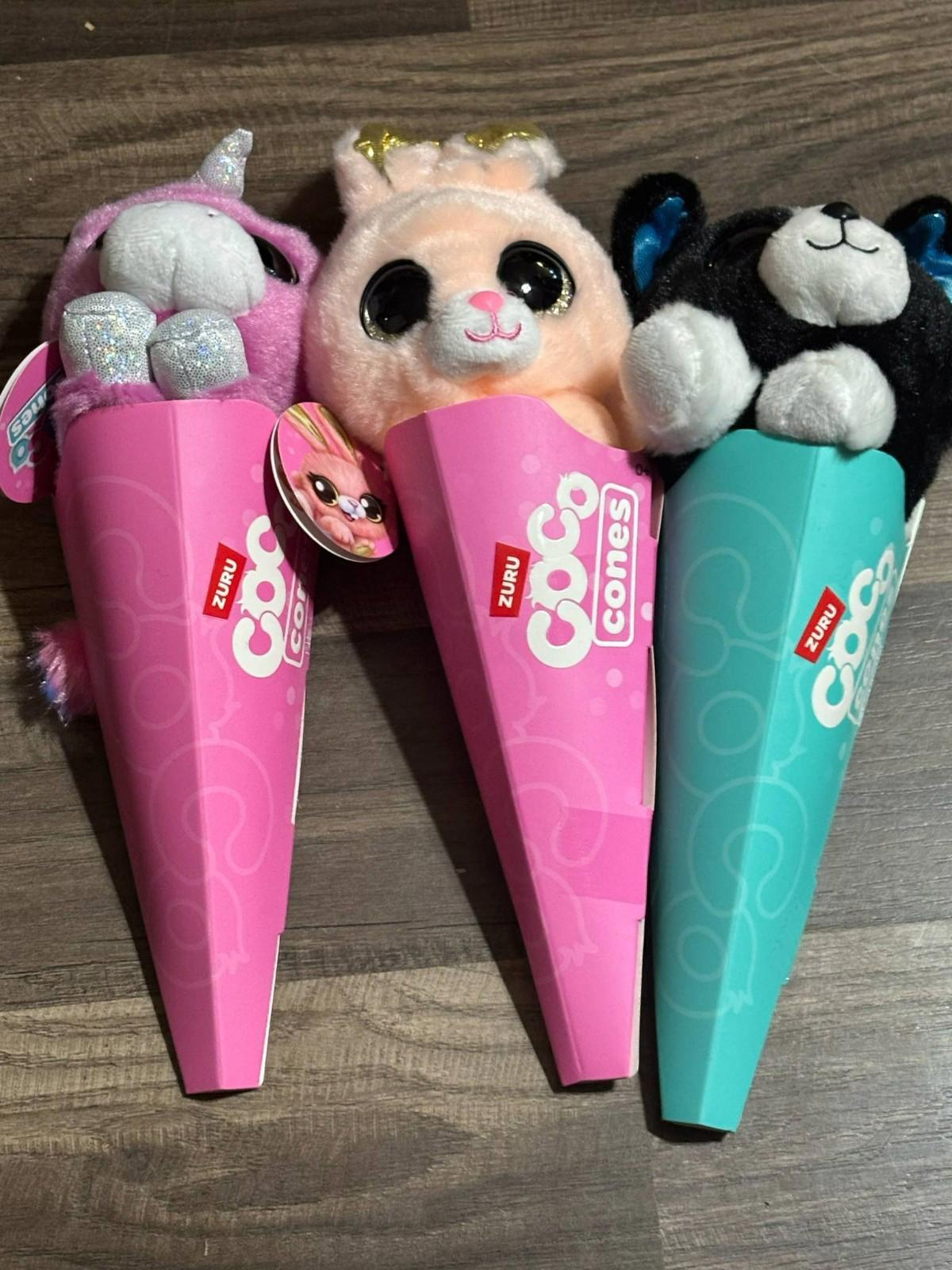 Coco Cones plush toys featuring a unicorn, bunny, and bear in colorful cones.