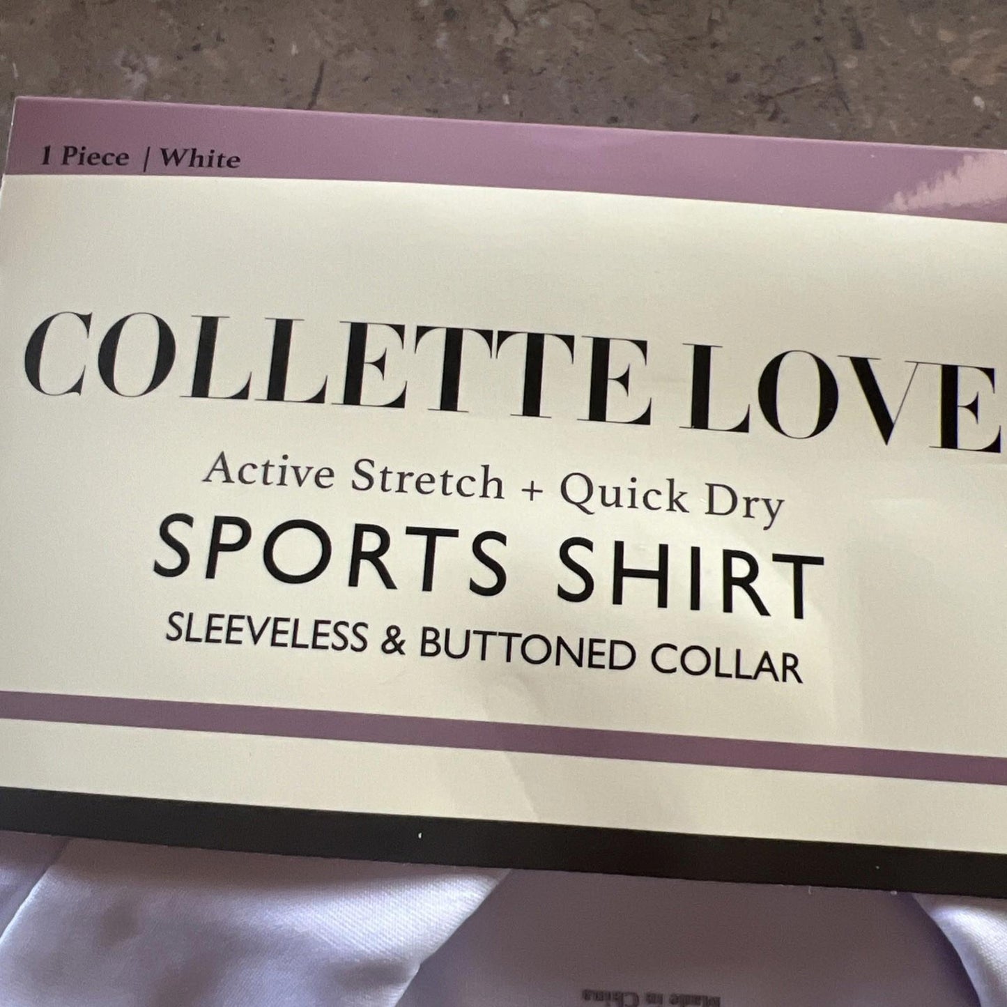 Collette Love sports shirt featuring active stretch and quick dry fabric in white.