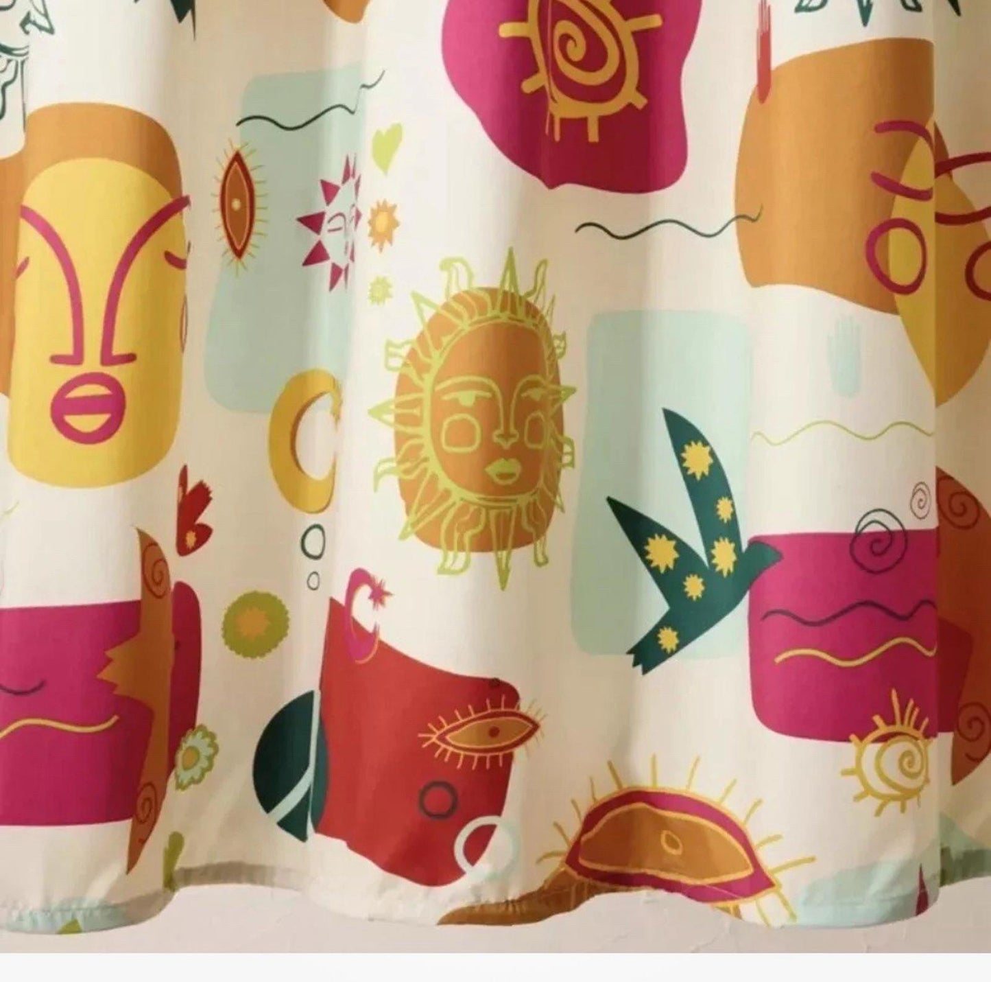Colorful Abstract Shower Curtain featuring sun and face designs in vibrant hues.