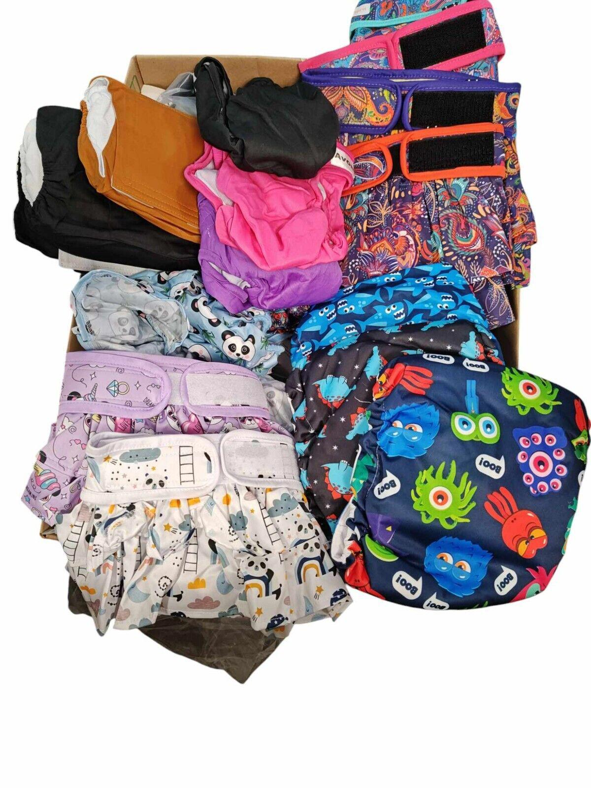 Colorful cloth diapers set featuring various patterns and designs, including animals and vibrant colors.