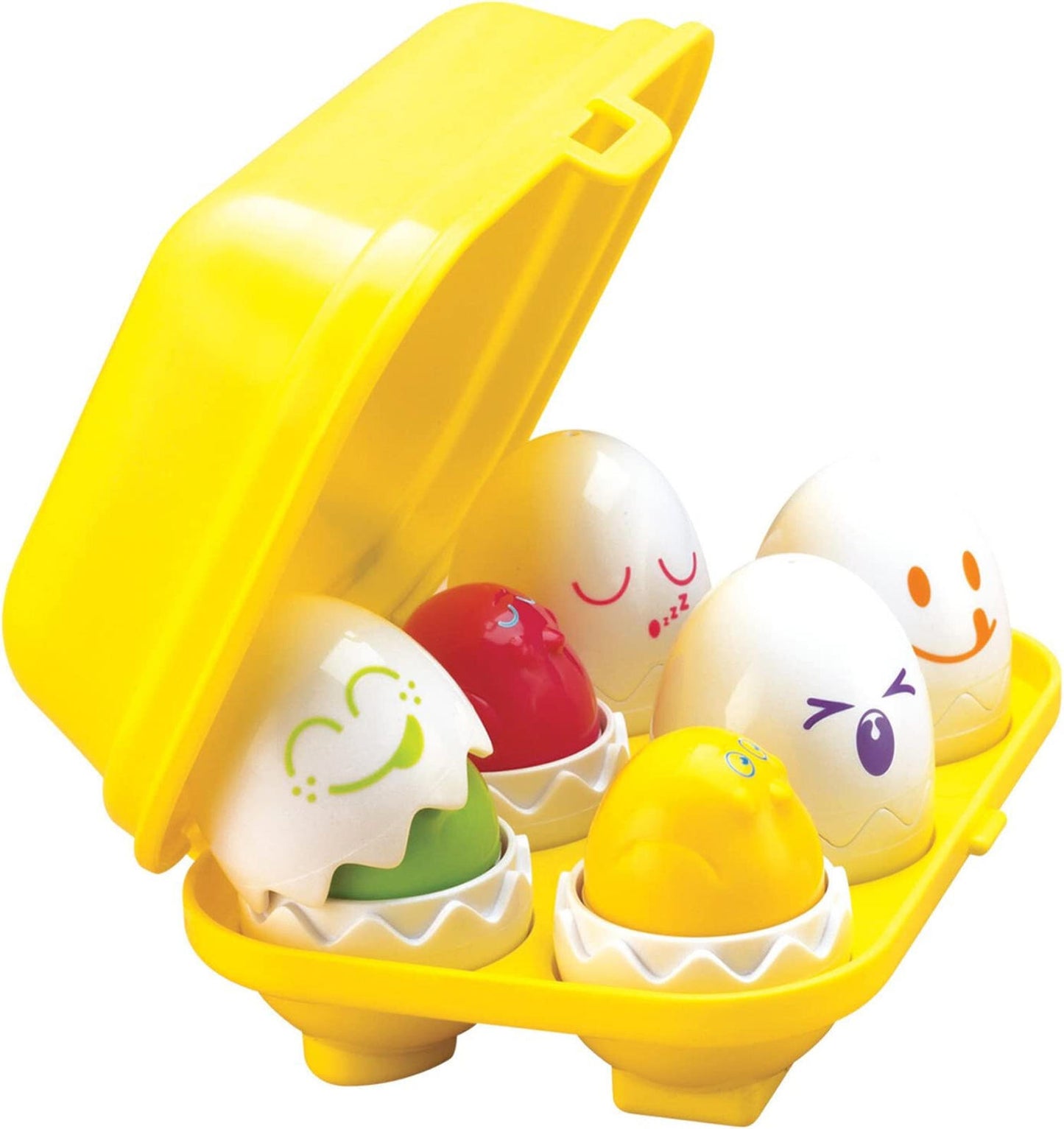Colorful egg-shaped toys in a yellow carton, featuring various facial expressions.