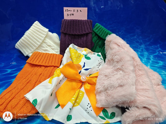 Colorful knitted sweater set featuring orange, white, purple, and pink options with floral dress.