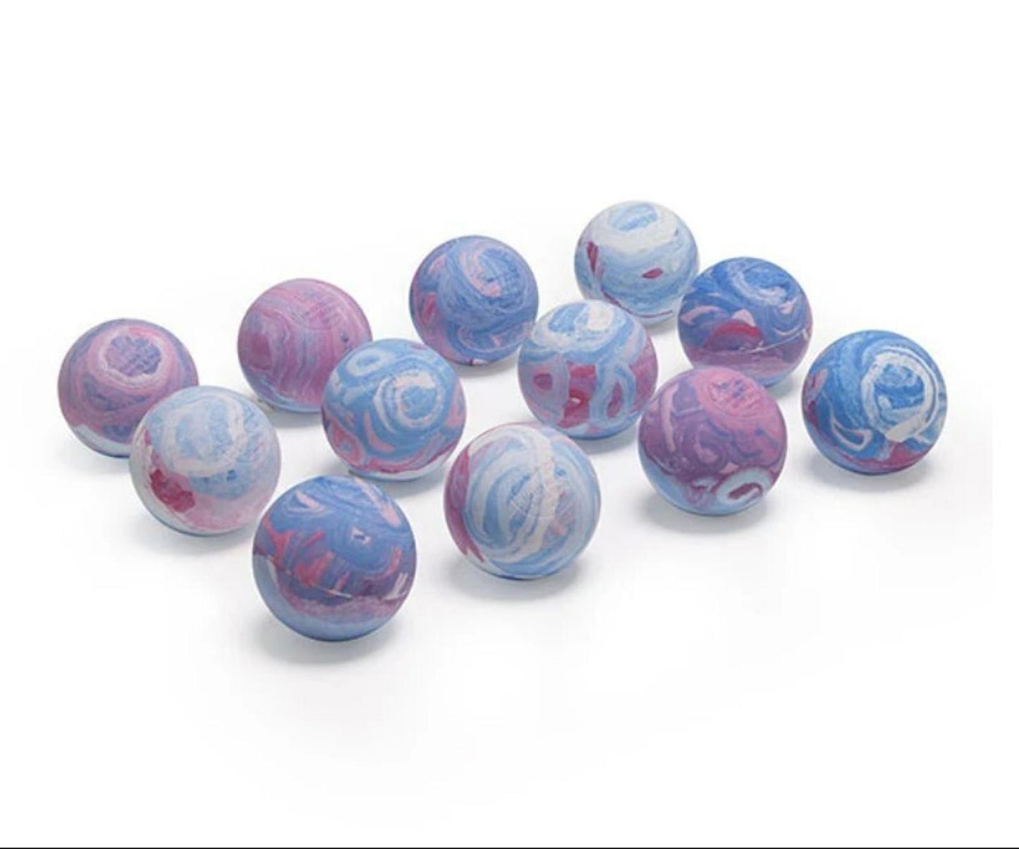 Colorful marbles set featuring swirls of blue and pink hues.